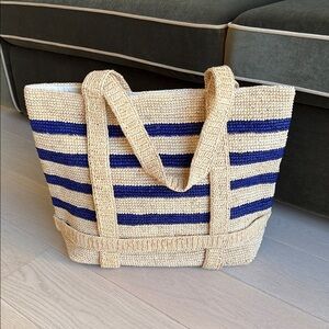Hat Attack The Original Straw Traveler Bag Navy Stripe Tote